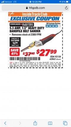 Harbor Freight ITC Coupon 1/2" HEAVY DUTY BANDFILE BELT SANDER Lot No. 62217/92158 Expired: 8/31/19 - $27.99