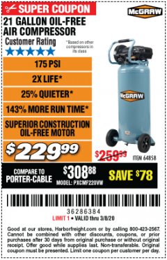 Harbor Freight Coupon 21 GALLON, 1.5 HP, 175 PSI VERTICAL OIL-LUBE Lot No. 64858 Expired: 2/8/20 - $229.99