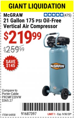 Harbor Freight Coupon 21 GALLON, 1.5 HP, 175 PSI VERTICAL OIL-LUBE Lot No. 64858 Expired: 9/30/20 - $219.99