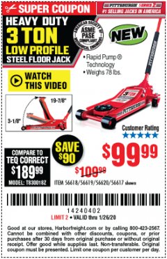 Harbor Freight Coupon HEAVY DUTY 3 TON LOW PROFILE STEEL FLOOR JACK Lot No. 56618/56619/56620/56617 Expired: 1/26/20 - $99.99