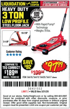 Harbor Freight Coupon HEAVY DUTY 3 TON LOW PROFILE STEEL FLOOR JACK Lot No. 56618/56619/56620/56617 Expired: 3/31/20 - $97.99