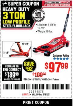 Harbor Freight Coupon HEAVY DUTY 3 TON LOW PROFILE STEEL FLOOR JACK Lot No. 56618/56619/56620/56617 Expired: 3/8/20 - $97.99