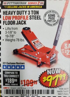 Harbor Freight Coupon HEAVY DUTY 3 TON LOW PROFILE STEEL FLOOR JACK Lot No. 56618/56619/56620/56617 Expired: 3/31/20 - $97.99