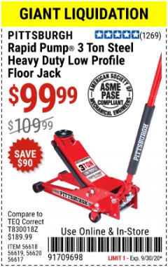 Harbor Freight Coupon HEAVY DUTY 3 TON LOW PROFILE STEEL FLOOR JACK Lot No. 56618/56619/56620/56617 Expired: 9/30/20 - $99.99