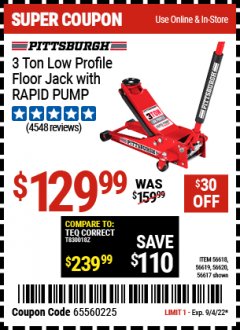 Harbor Freight Coupon HEAVY DUTY 3 TON LOW PROFILE STEEL FLOOR JACK Lot No. 56618/56619/56620/56617 Expired: 9/4/22 - $129.99