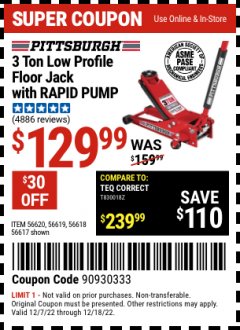 Harbor Freight Coupon HEAVY DUTY 3 TON LOW PROFILE STEEL FLOOR JACK Lot No. 56618/56619/56620/56617 Expired: 12/18/22 - $129.99