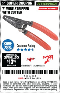 Harbor Freight Coupon 7" WIRE STRIPPER WITH CUTTER Lot No. 61586/61158/98410 Expired: 2/7/20 - $2.99
