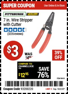 Harbor Freight Coupon 7" WIRE STRIPPER WITH CUTTER Lot No. 61586/61158/98410 Valid Thru: 10/2/22 - $3