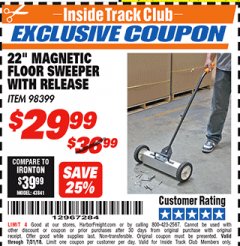 Harbor Freight ITC Coupon 22 IN. MAGNETIC FLOOR SWEEPER WITH RELEASE Lot No. 98399 Expired: 7/31/18 - $29.99