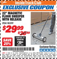 Harbor Freight ITC Coupon 22 IN. MAGNETIC FLOOR SWEEPER WITH RELEASE Lot No. 98399 Expired: 10/31/18 - $0