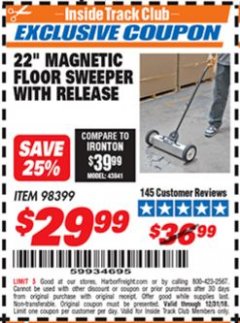 Harbor Freight ITC Coupon 22 IN. MAGNETIC FLOOR SWEEPER WITH RELEASE Lot No. 98399 Expired: 12/31/18 - $29.99