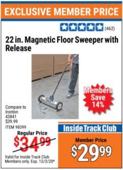 Harbor Freight ITC Coupon 22 IN. MAGNETIC FLOOR SWEEPER WITH RELEASE Lot No. 98399 Expired: 12/3/20 - $29.99