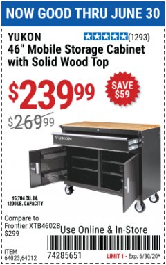 Harbor Freight Coupon 46" MOBILE STORAGE CABINET WITH SOLID WOOD TOP Lot No. 64023/64012 Expired: 6/30/20 - $239.99