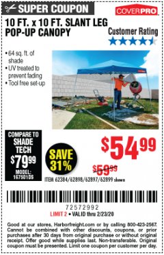 Harbor Freight Coupon 10 FT X 10 FT SLANT LEG POP-UP CANOPY Lot No. 62384/62898/62897/62899 Expired: 2/23/20 - $54.99