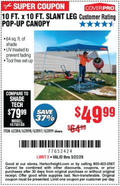 Harbor Freight Coupon 10 FT X 10 FT SLANT LEG POP-UP CANOPY Lot No. 62384/62898/62897/62899 Expired: 3/22/20 - $49.99