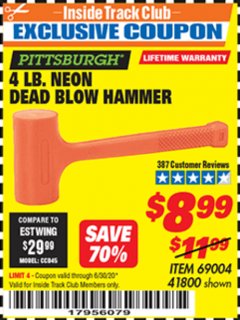 Harbor Freight ITC Coupon 4LB. NEON ORANGE DEAD BLOW HAMMER Lot No. 41800/69004 Expired: 6/30/20 - $8.99