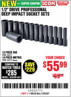 Harbor Freight Coupon ICON 1/2" DRIVE PROFESSIONAL DEEP IMPACT SOCKET SETS Lot No. 56211/56212 Expired: 1/26/20 - $55.99