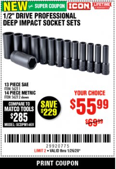 Harbor Freight Coupon ICON 1/2" DRIVE PROFESSIONAL DEEP IMPACT SOCKET SETS Lot No. 56211/56212 Expired: 1/26/20 - $55.99