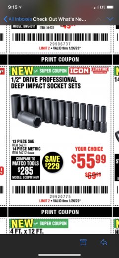 Harbor Freight Coupon ICON 1/2" DRIVE PROFESSIONAL DEEP IMPACT SOCKET SETS Lot No. 56211/56212 Expired: 1/26/20 - $55.99