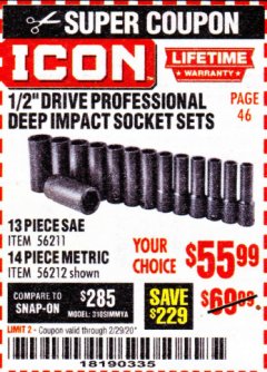 Harbor Freight Coupon ICON 1/2" DRIVE PROFESSIONAL DEEP IMPACT SOCKET SETS Lot No. 56211/56212 Expired: 2/29/20 - $55.99