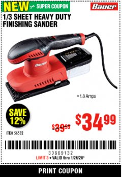 Harbor Freight Coupon BAUER 1/3 SHEET HEAVY DUTY FINISHING SANDER Lot No. 56532 Expired: 1/26/20 - $34.99