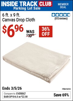 Harbor Freight ITC Coupon 6 X 9 CANVAS DROP CLOTH Lot No. 56510 Expired: 3/5/26 - $6.96
