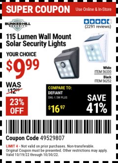 Harbor Freight Coupon 115 LUMEN WALL MOUNT SOLAR SECURITY LIGHTS Lot No. 56252,56330 Expired: 10/30/22 - $9.99