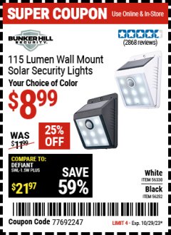 Harbor Freight Coupon 115 LUMEN WALL MOUNT SOLAR SECURITY LIGHTS Lot No. 56252,56330 Expired: 10/29/23 - $8.99