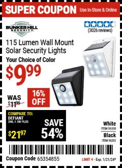 Harbor Freight Coupon 115 LUMEN WALL MOUNT SOLAR SECURITY LIGHTS Lot No. 56252,56330 Expired: 1/21/24 - $9.99