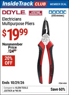 Harbor Freight ITC Coupon DOYLE ELECTRICIANS MULTIPURPOSE PLIERS Lot No. 64868 Valid Thru: 10/29/26 - $19.99