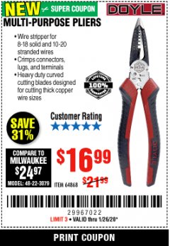 Harbor Freight Coupon DOYLE ELECTRICIANS MULTIPURPOSE PLIERS Lot No. 64868 Expired: 1/26/20 - $16.99