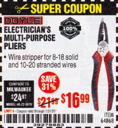 Harbor Freight Coupon DOYLE ELECTRICIANS MULTIPURPOSE PLIERS Lot No. 64868 Expired: 1/31/20 - $16.99