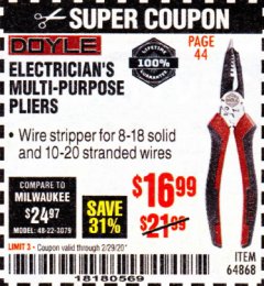Harbor Freight Coupon DOYLE ELECTRICIANS MULTIPURPOSE PLIERS Lot No. 64868 Expired: 2/29/20 - $16.99