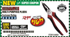 Harbor Freight Coupon DOYLE ELECTRICIANS MULTIPURPOSE PLIERS Lot No. 64868 Expired: 6/30/20 - $16.99