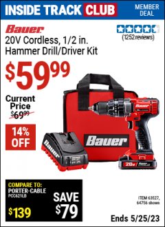 Harbor Freight ITC Coupon 20 VOLT LITHIUM-ION CORDLESS 1/2" HAMMER DRILL KIT Lot No. 64756/63527 Expired: 5/25/23 - $59.99