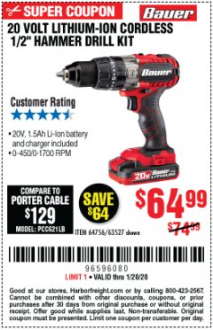Harbor Freight Coupon 20 VOLT LITHIUM-ION CORDLESS 1/2" HAMMER DRILL KIT Lot No. 64756/63527 Expired: 1/20/20 - $64.99