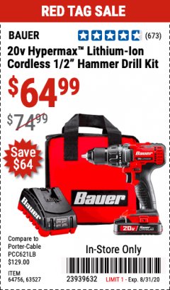 Harbor Freight Coupon 20 VOLT LITHIUM-ION CORDLESS 1/2" HAMMER DRILL KIT Lot No. 64756/63527 Expired: 8/31/20 - $64.99