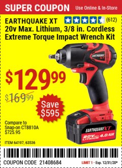 Harbor Freight Coupon 20 VOLT LITHIUM-ION CORDLESS 1/2" HAMMER DRILL KIT Lot No. 64756/63527 Expired: 12/31/20 - $129.99