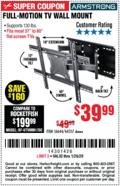 Harbor Freight Coupon FULL-MOTION TV WALL MOUNT Lot No. 56644/64357 Expired: 1/26/20 - $39.99