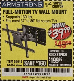 Harbor Freight Coupon FULL-MOTION TV WALL MOUNT Lot No. 56644/64357 Expired: 3/1/20 - $39.99