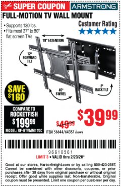 Harbor Freight Coupon FULL-MOTION TV WALL MOUNT Lot No. 56644/64357 Expired: 2/23/20 - $39.99