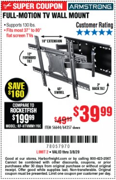 Harbor Freight Coupon FULL-MOTION TV WALL MOUNT Lot No. 56644/64357 Expired: 3/8/20 - $39.99