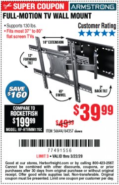 Harbor Freight Coupon FULL-MOTION TV WALL MOUNT Lot No. 56644/64357 Expired: 3/22/20 - $39.99