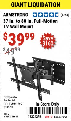 Harbor Freight Coupon FULL-MOTION TV WALL MOUNT Lot No. 56644/64357 Expired: 9/30/20 - $39.99