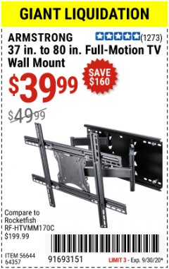 Harbor Freight Coupon FULL-MOTION TV WALL MOUNT Lot No. 56644/64357 Expired: 9/30/20 - $39.99