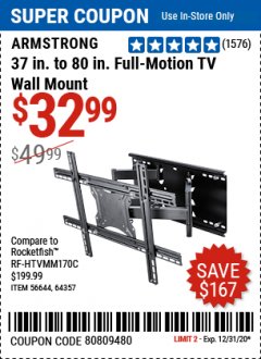 Harbor Freight Coupon FULL-MOTION TV WALL MOUNT Lot No. 56644/64357 Expired: 12/31/20 - $32.99