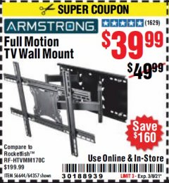 Harbor Freight Coupon FULL-MOTION TV WALL MOUNT Lot No. 56644/64357 Expired: 3/8/21 - $39.99