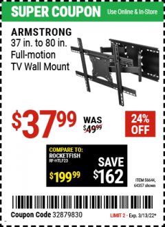 Harbor Freight Coupon FULL-MOTION TV WALL MOUNT Lot No. 56644/64357 Expired: 3/13/22 - $37.99