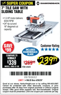 Harbor Freight Coupon 7" INDUSTRIAL TILE/BRICK SAW Lot No. 64683 Expired: 6/30/20 - $239.99
