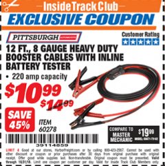 Harbor Freight ITC Coupon 12 FT. 8 GAUGE HEAVY DUTY BOOSTER CABLES WITH INLINE BATTERY TESTER Lot No. 60278/68701 Expired: 10/31/18 - $10.99